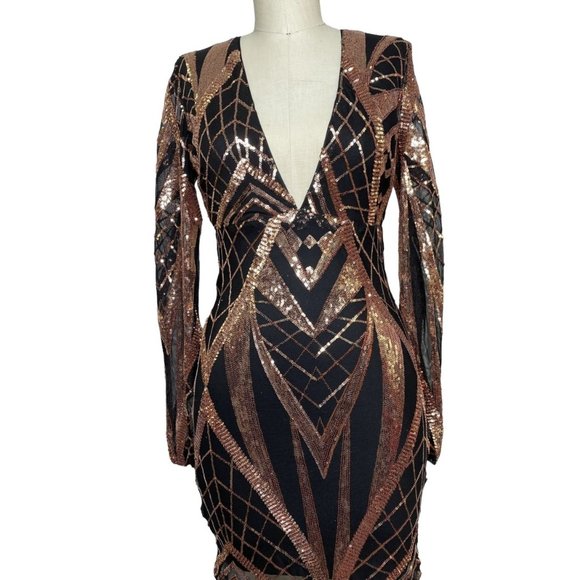 Banjul Dance The Night Away Sequin Long Sleeve Mini Dress Black Gold Size Small - Picture 1 of 2